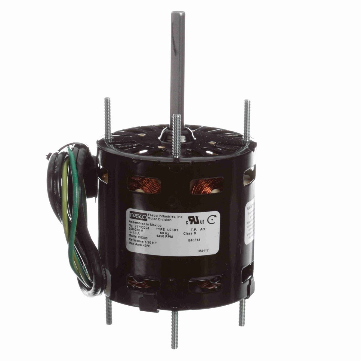 FASCO OEM Replacement Motor, 1/20 HP, 1 Ph, 60 Hz, 208-230 V, 1450 RPM, 1 Speed, 3.3" Diameter, OAO - D0396