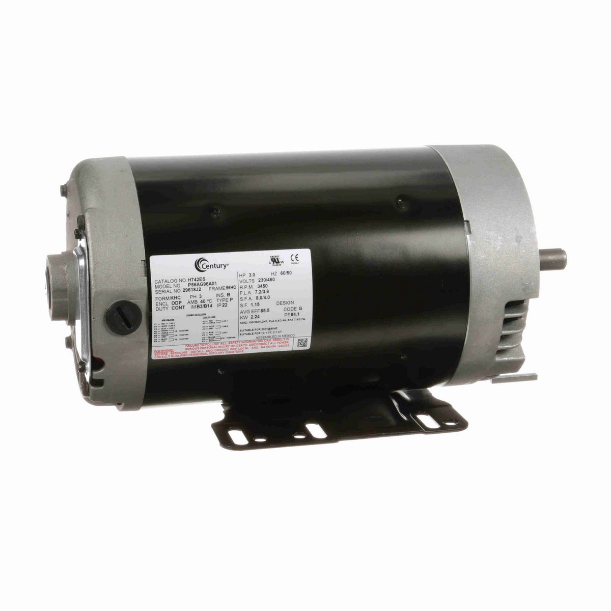Century General Purpose Motor, 3.0 HP, 3 Ph, 60 Hz, 230/460 V, 3600 RPM, 56HC Frame, ODP - H742ES