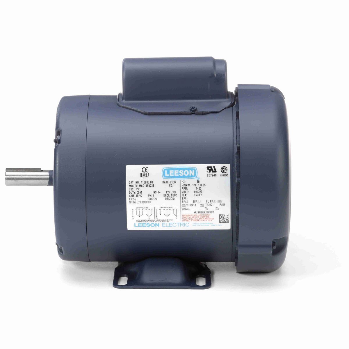 LEESON Special Voltage Motor, 0.33 HP, 1 Ph, 50 Hz, 110/220 V, 1500 RPM, 56 Frame, TEFC - 113908.00