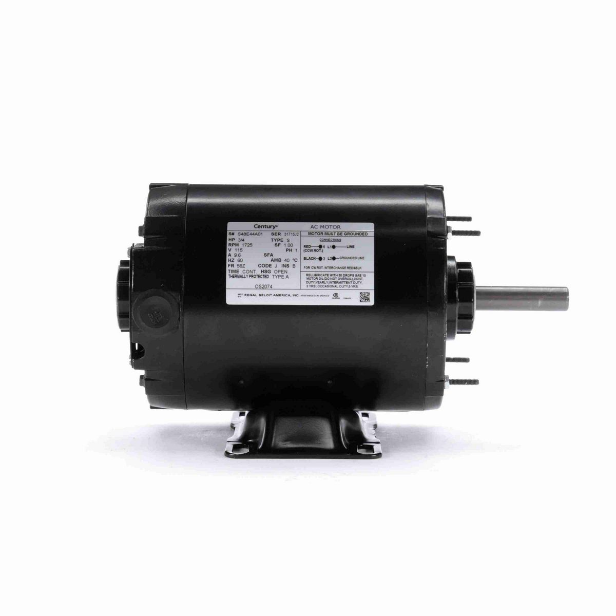 Century Fan and Blower Motor, 3/4 HP, 1 Ph, 60 Hz, 115 V, 1800 RPM, 56Z Frame, OPEN - OS2074