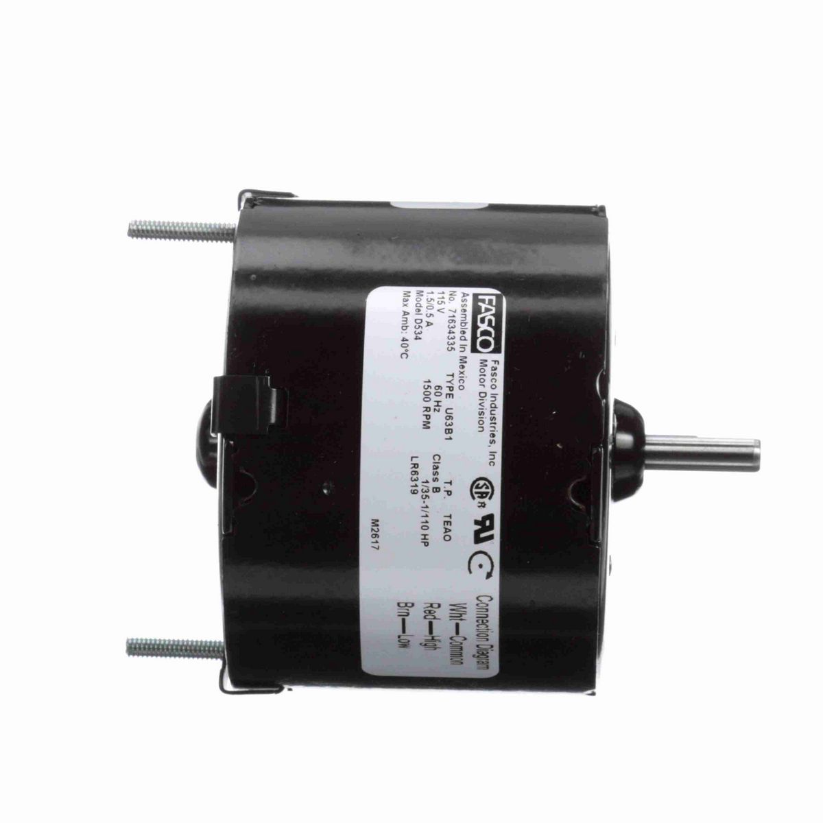 FASCO OEM Replacement Motor, 1/35-1/110 HP, 1 Ph, 60 Hz, 115 V, 1500 RPM, 2 Speed, 3.3" Diameter, TEAO - D534