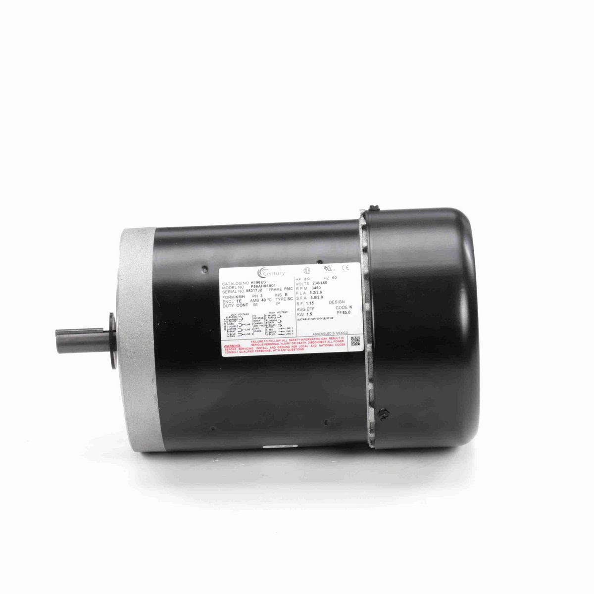 Century General Purpose Pump Motor, 2 HP, 3 Ph, 60 Hz, 230/460 V, 3600 RPM, F56C Frame, TEFC - H196ES