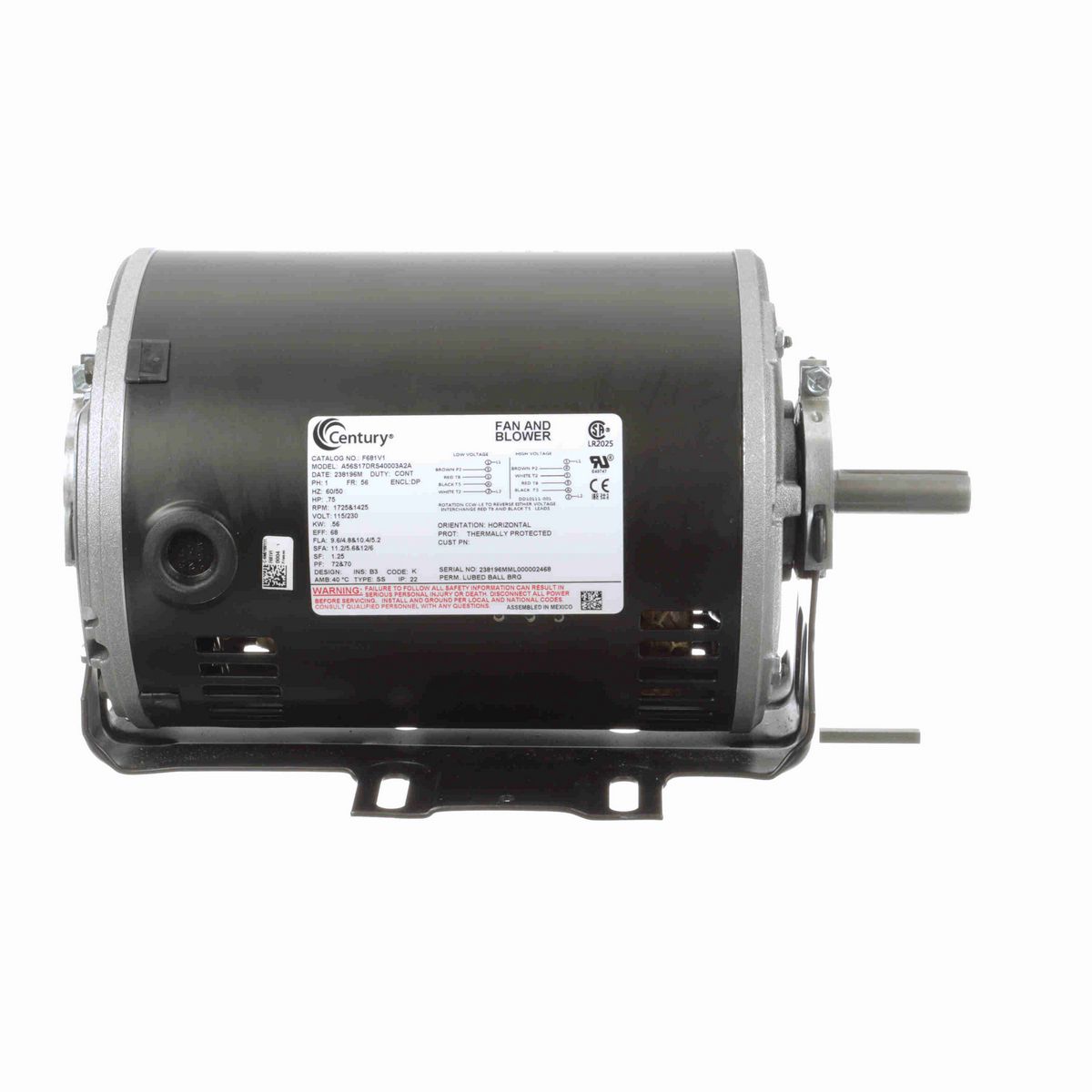 Century Fan and Blower Motor, .75 HP, 1 Ph, 60&50 Hz, 115/230 V, 1800 RPM, 56 Frame, DP - F681V1