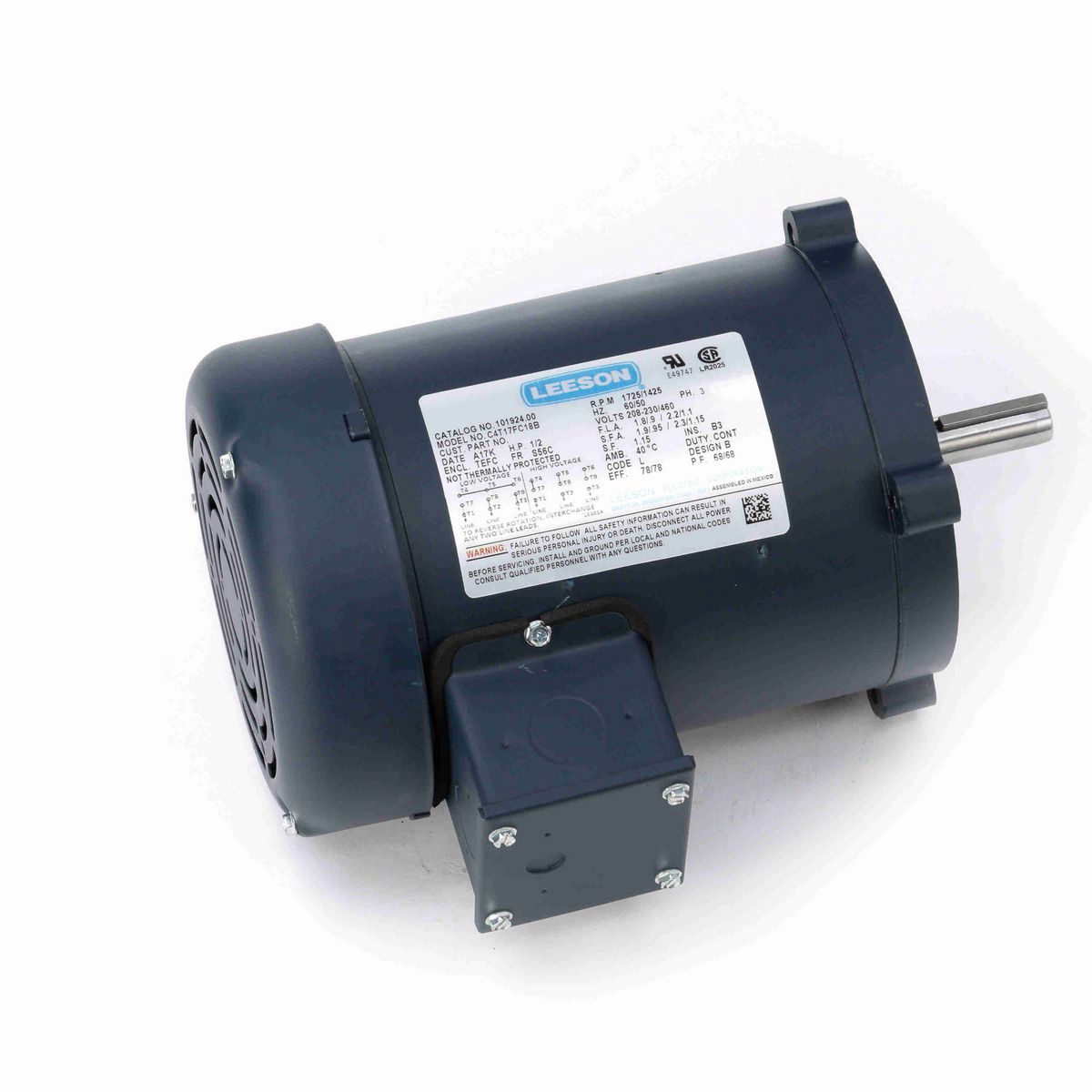 LEESON General Purpose Motor, 0.50 & 0.50 HP, 3 Ph, 60 & 50 Hz, 230/460 & 208-230/460 V, 1800 & 1500 RPM, S56C Frame, TEFC - 101924.00