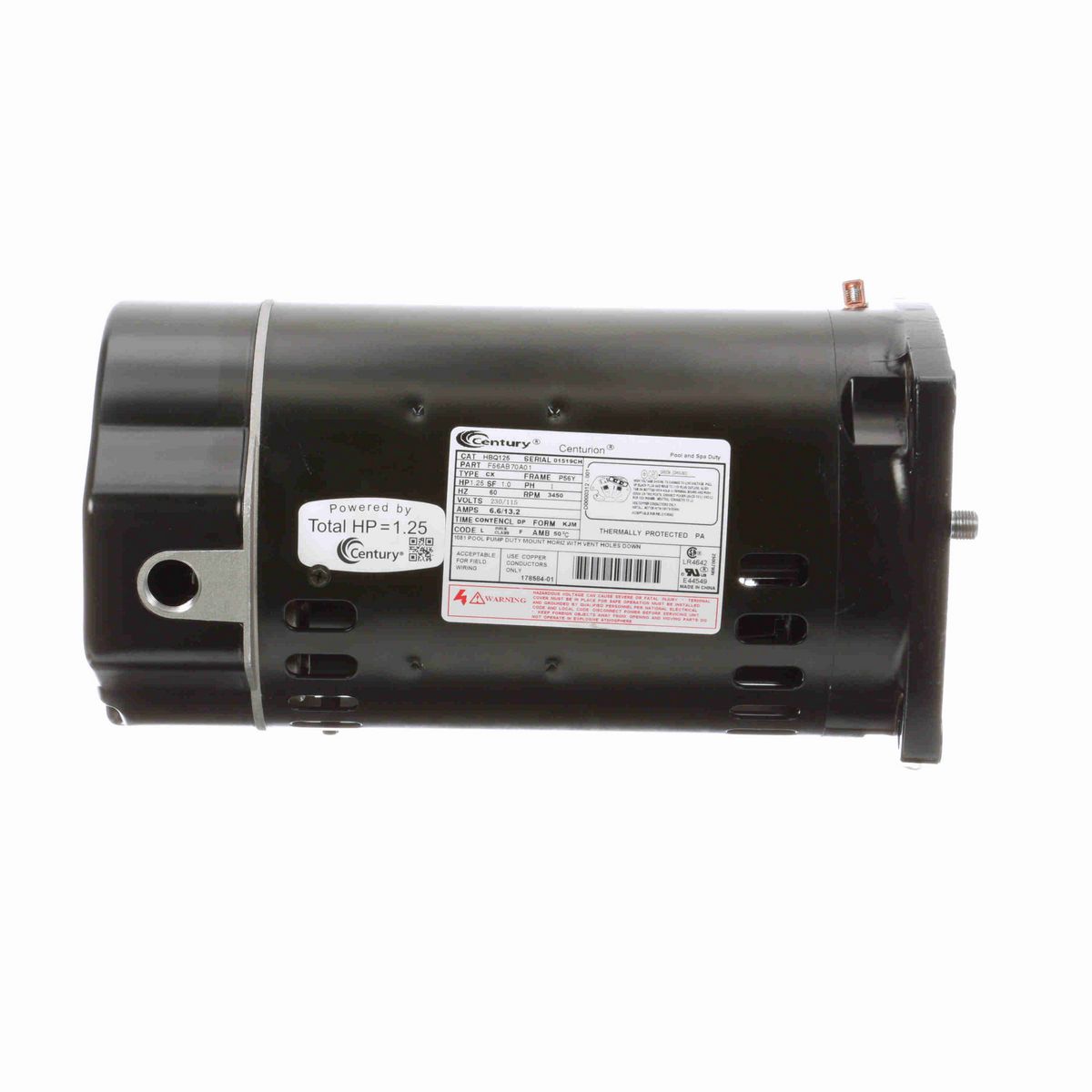 Century Pool Pump Motor, 1.25 HP, 1 Ph, 60 Hz, 230/115 V, 3600 RPM, P56Y Frame, DP - HBQ125