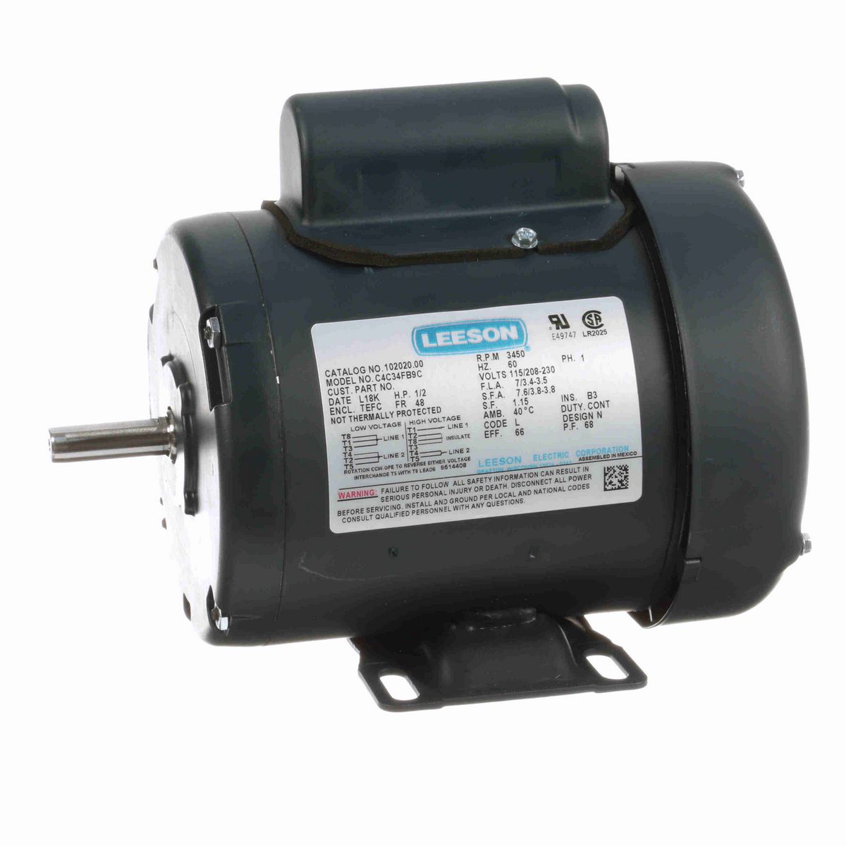 LEESON General Purpose Motor, 0.50 HP, 1 Ph, 60 Hz, 115/230 V, 3600 RPM, 48 Frame, TEFC - 102020.00