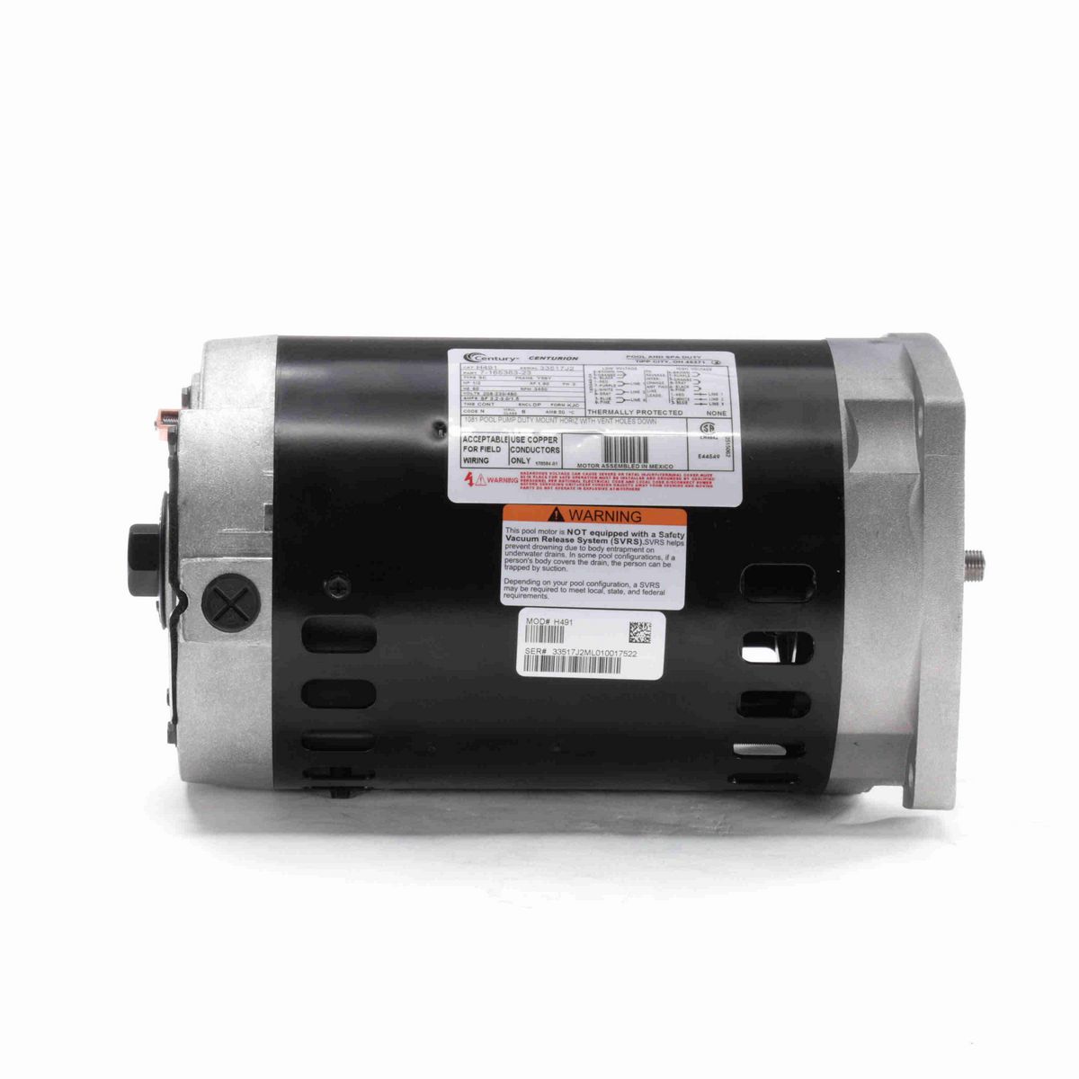 Century Pool Pump Motor, 1/2 HP, 3 Ph, 60 Hz, 208-230/460 V, 3600 RPM, Y56Y Frame, DP - H491