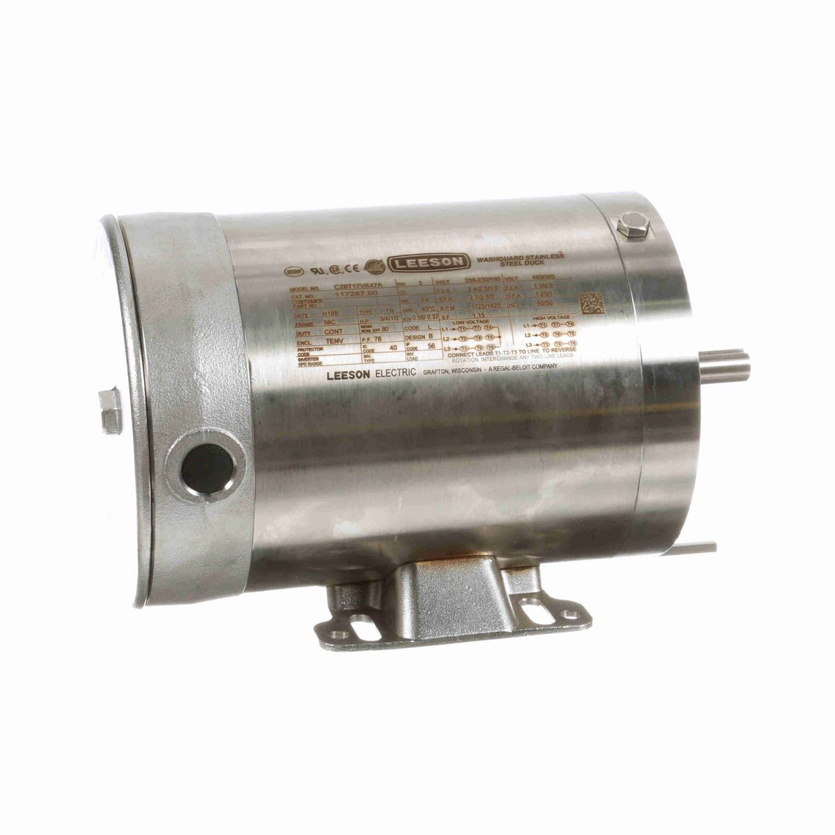 LEESON Premium Duck™ General Purpose Motor, 0.75 & 0.50 HP, 3 Ph, 60 & 50 Hz, 230/460 & 190/380 V, 1800 & 1500 RPM, 56C Frame, TENV - 117267.00