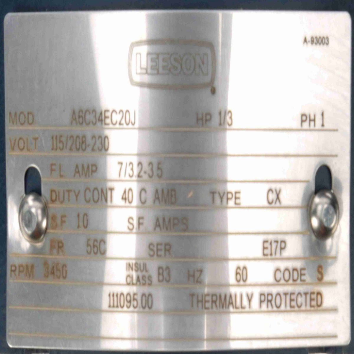 LEESON Explosion Proof Motor, 0.33 HP, 1 Ph, 60 Hz, 115/208-230 V, 3600 RPM, 56C Frame, EPFC - 111095.00