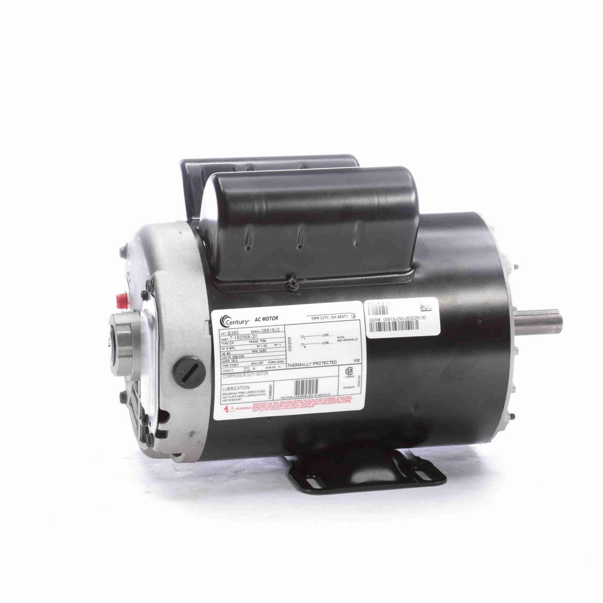 Century Air Compressor Motor, 5 SPL HP, 1 Ph, 60 Hz, 208-230 V, 3600 RPM, P56 Frame, DP - B385