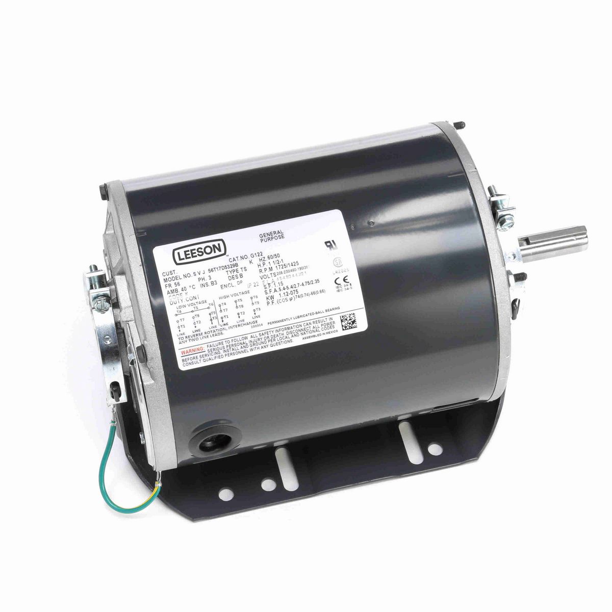LEESON Fan and Blower Motor, 1.50 & 1 HP, 3 Ph, 60 & 50 Hz, 208-230/460 & 190/380 V, 1800 & 1500 RPM, 56 Frame, DP - G122