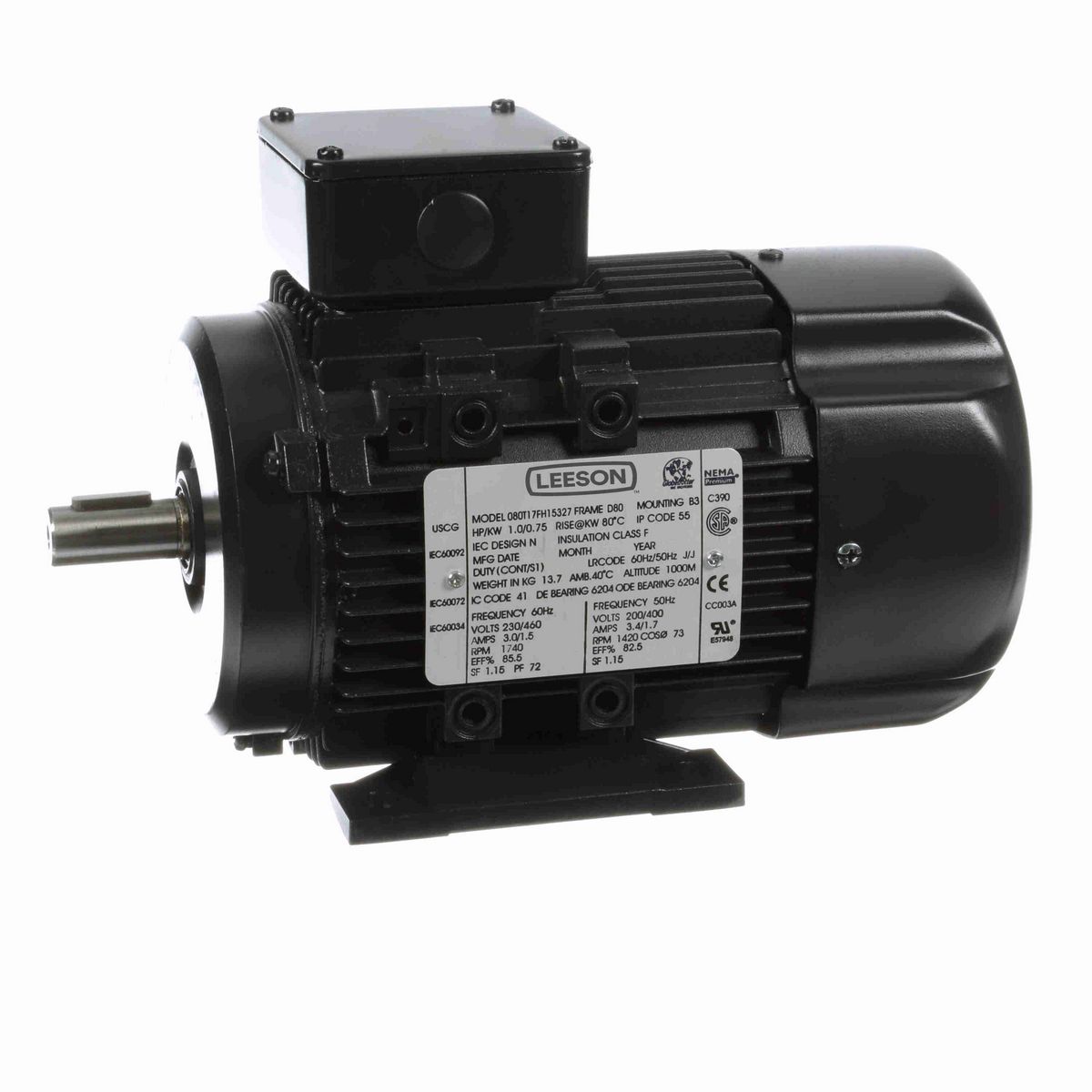 LEESON Aluminium Motor, 1 & 1 HP, 3 Ph, 60 & 50 Hz, 230/460 & 200/400 V, 1800 & 1500 RPM, 80 Frame, TEFC - R313A