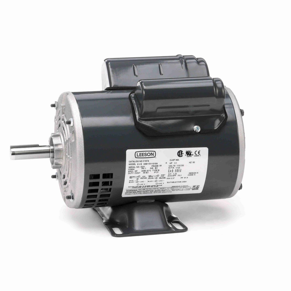 LEESON General Purpose Motor, 0.50 HP, 1 Ph, 60 Hz, 115/230 V, 1800 RPM, 56 Frame, DP - C167A