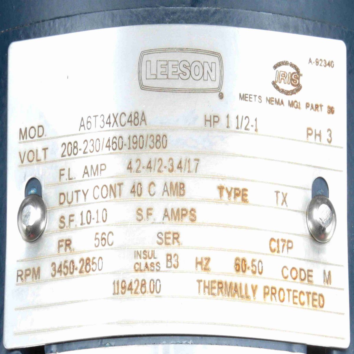 LEESON Explosion Proof Motor, 1.50 & 1 HP, 3 Ph, 60 & 50 Hz, 208-230/460 & 190/380 V, 3600 & 3000 RPM, 56C Frame, EPFC - 119428.00