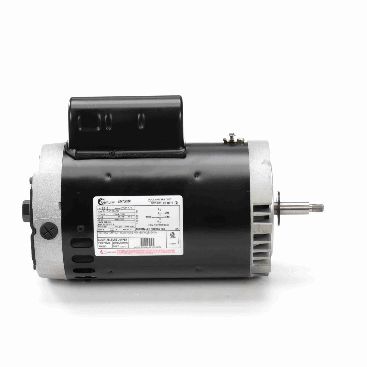 Century Pool Pump Motor, 3.0 HP, 1 Ph, 60 Hz, 208-230 V, 3600 RPM, Y56J Frame, DP - B818