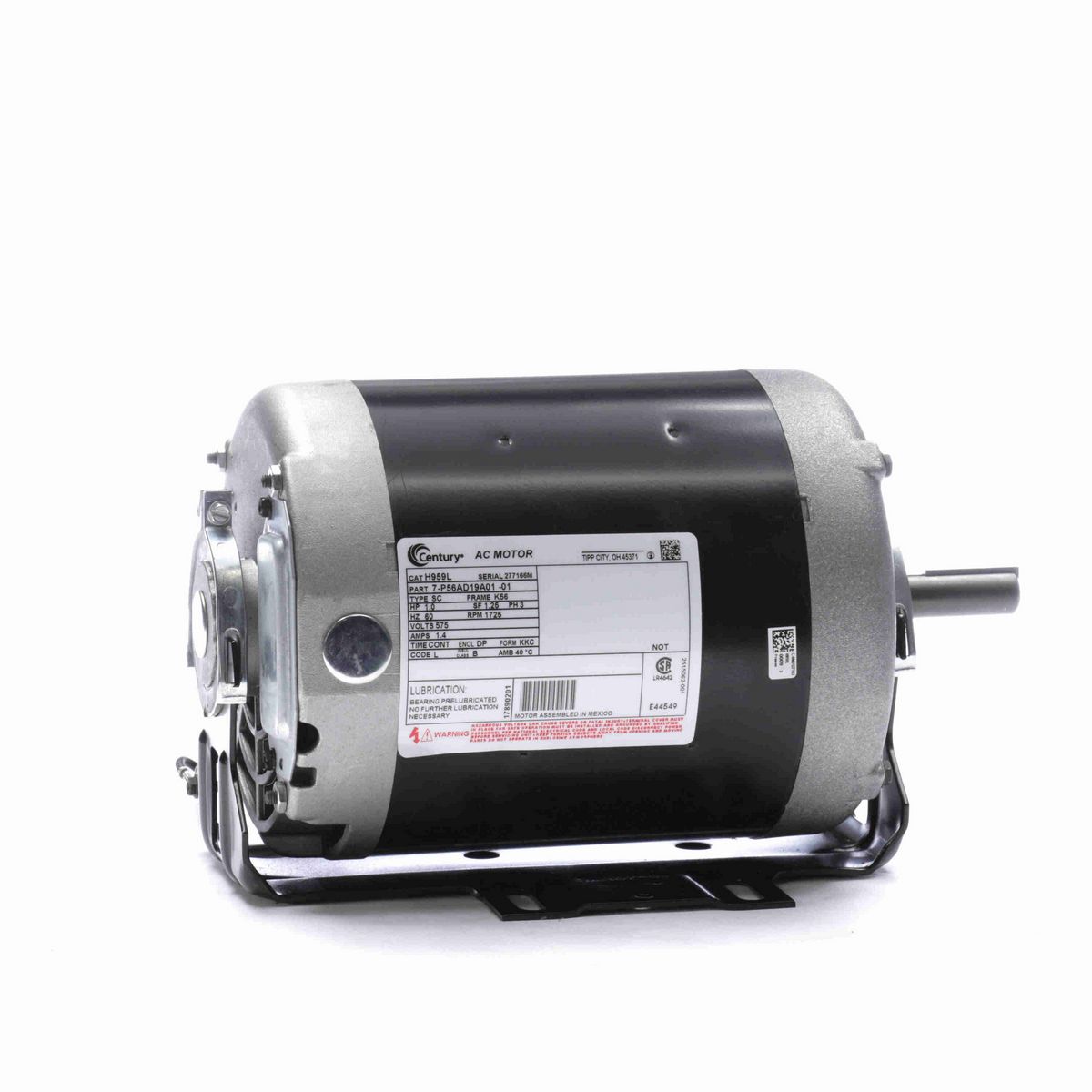 Century General Purpose Motor, 1.0 HP, 3 Ph, 60 Hz, 575 V, 1800 RPM, K56 Frame, DP - H959L