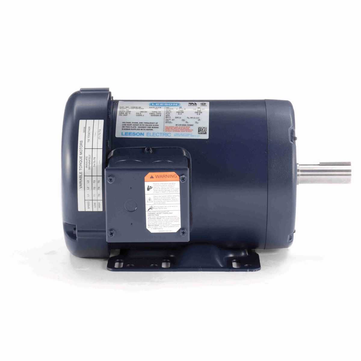LEESON Definite Purpose Motor, 2 & 0.50 HP, 3 Ph, 60 & 60 Hz, 208-230 & 208-230 V, 1800 & 1800 RPM, 145T Frame, TEFC - 120946.00