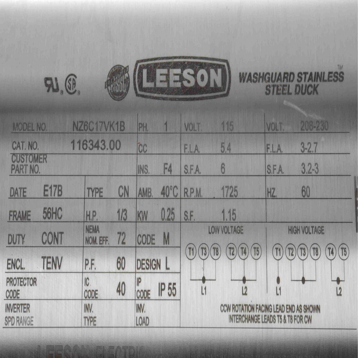 LEESON Premium Duck™ General Purpose Motor, 0.33 HP, 1 Ph, 60 Hz, 115/230 V, 1800 RPM, 56HC Frame, TENV - 116343.00