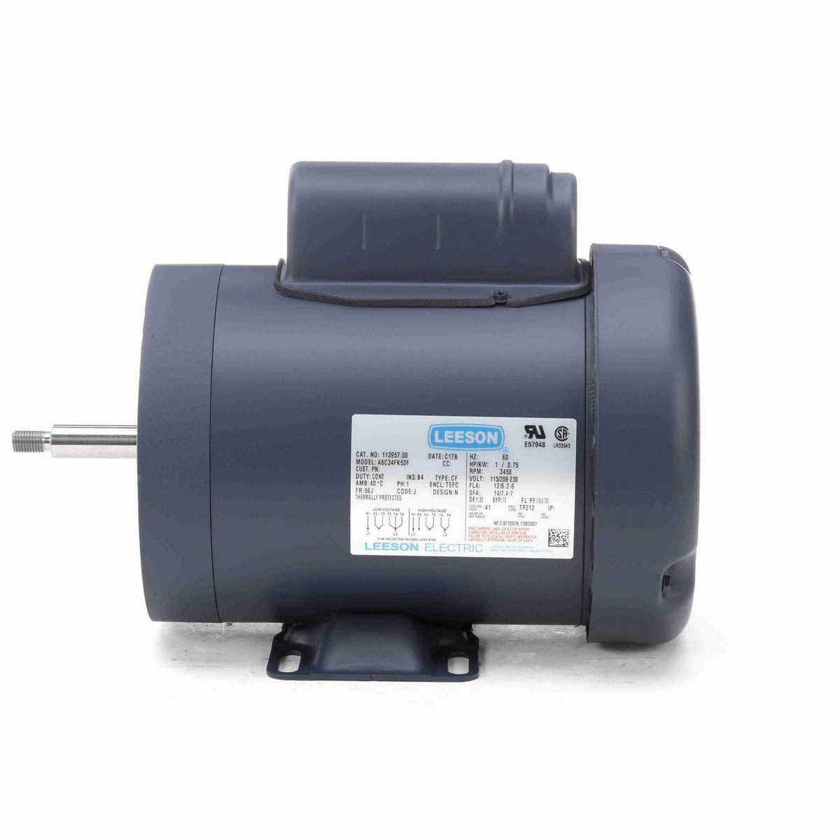 LEESON Jet Pump Motor, 1 HP, 1 Ph, 60 Hz, 115/230 V, 3600 RPM, 56J Frame, TEFC - 113957.00