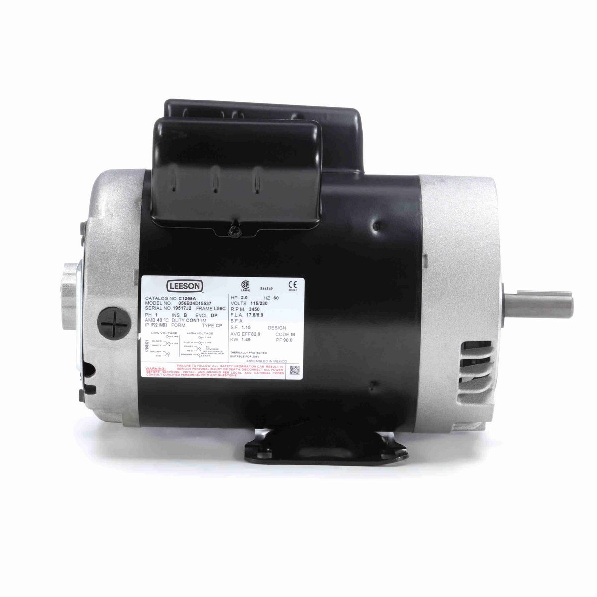 LEESON General Purpose Motor, 2 HP, 1 Ph, 60 Hz, 115/230 V, 3600 RPM, 56C Frame, DP - C1269A