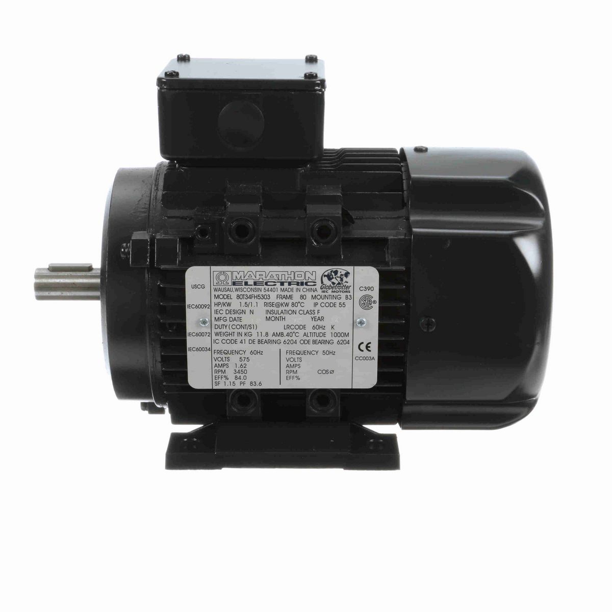 LEESON Aluminium Motor, 1.50 HP, 3 Ph, 60 Hz, 575 V, 3600 RPM, 80M Frame, TEFC - R415