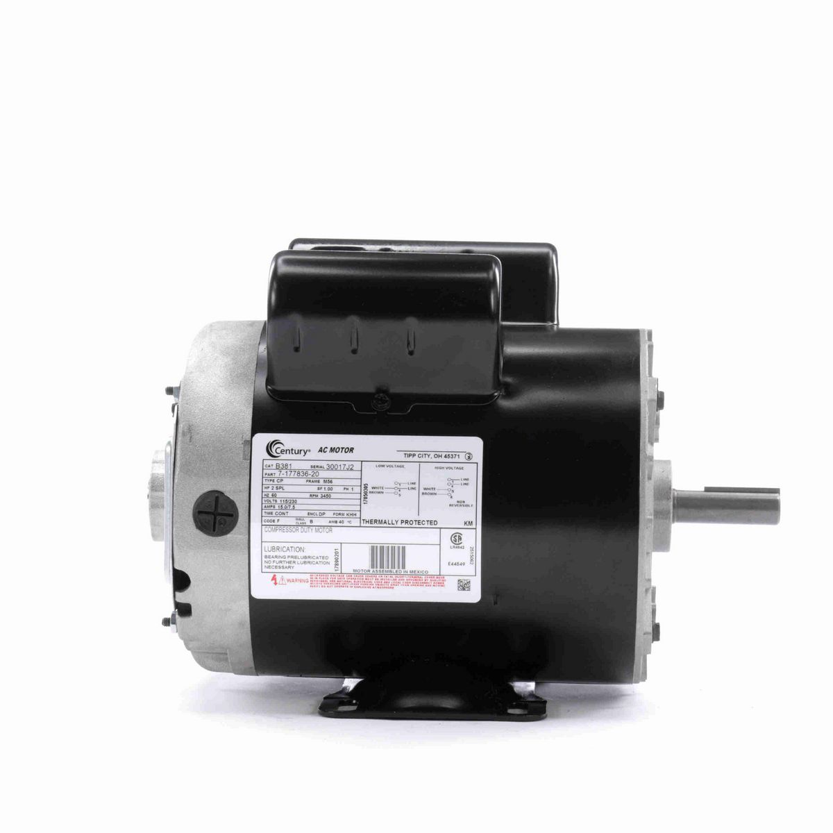 Century Air Compressor Motor, 2 SPL HP, 1 Ph, 60 Hz, 115/230 V, 3600 RPM, M56 Frame, DP - B381