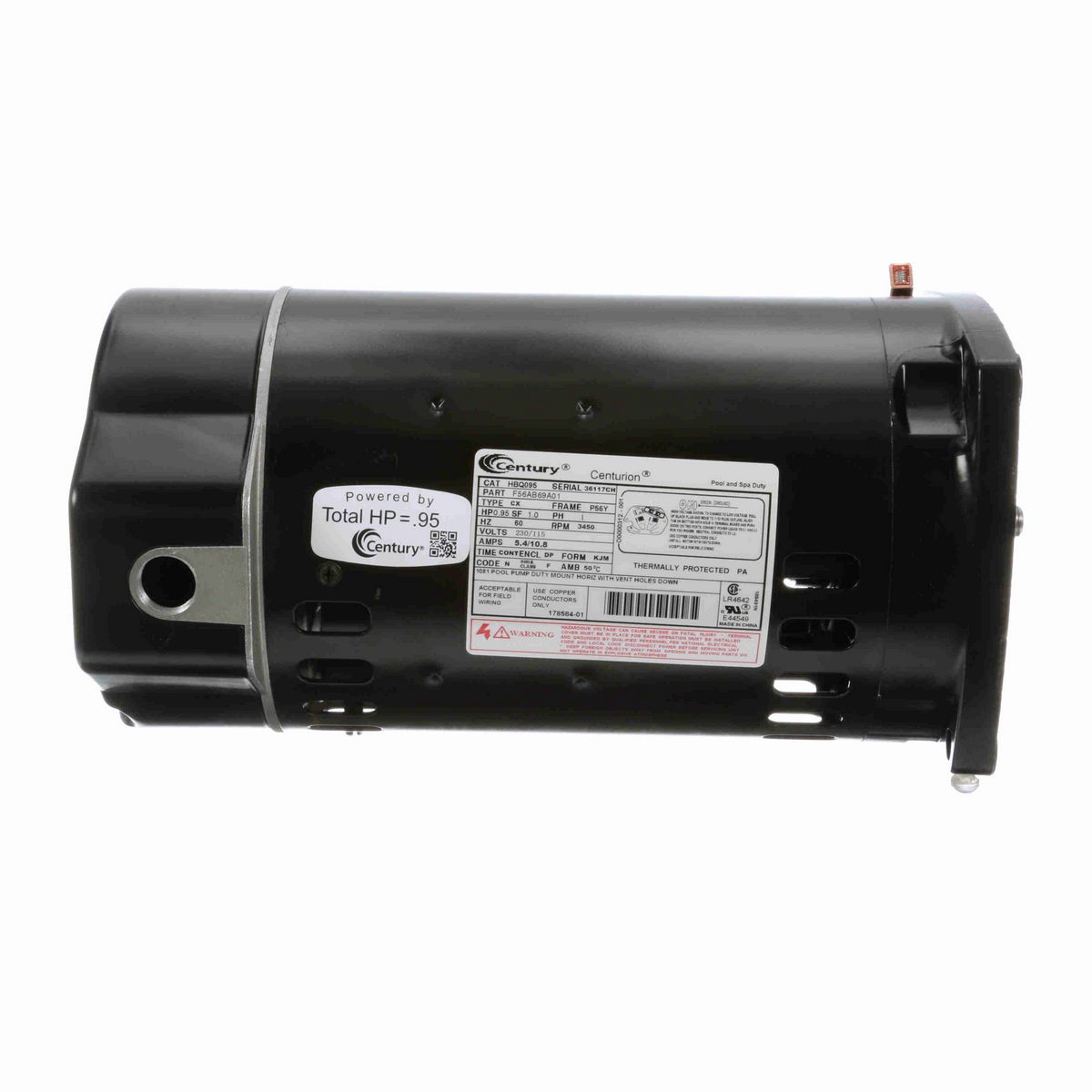Century Pool Pump Motor, 0.95 HP, 1 Ph, 60 Hz, 230/115 V, 3600 RPM, P56Y Frame, DP - HBQ095