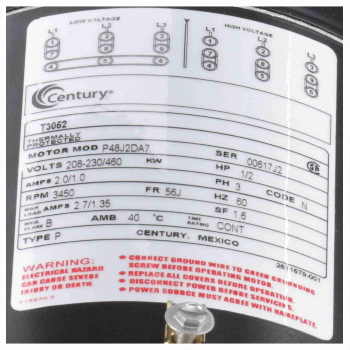 Century Pool Pump Motor, 1/2 HP, 3 Ph, 60 Hz, 208-230/460 V, 3600 RPM, 56J Frame, ODP - T3052