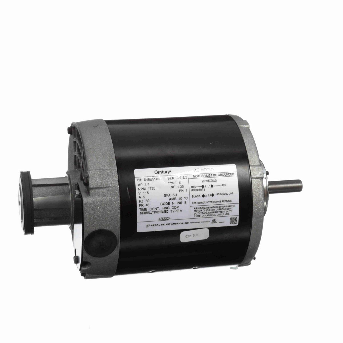 Century Fan and Blower Motor, 1/4 HP, 1 Ph, 60 Hz, 115 V, 1800 RPM, 48 Frame, ODP - AR2024
