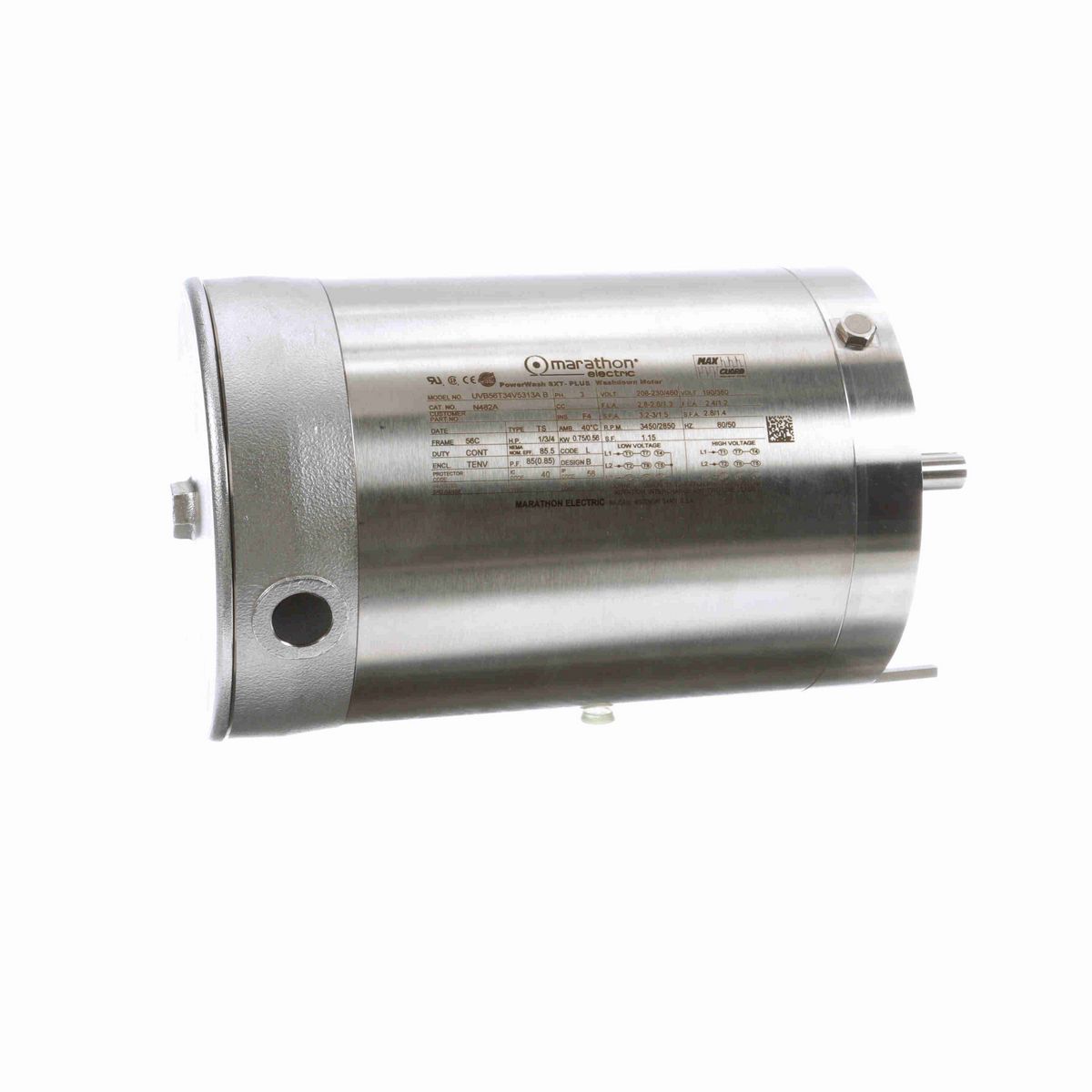 LEESON General Purpose Motor, 1 & 0.75 HP, 3 Ph, 60 & 50 Hz, 208-230/460 & 190/380 V, 3600 & 3000 RPM, 56C Frame, TENV - N482A