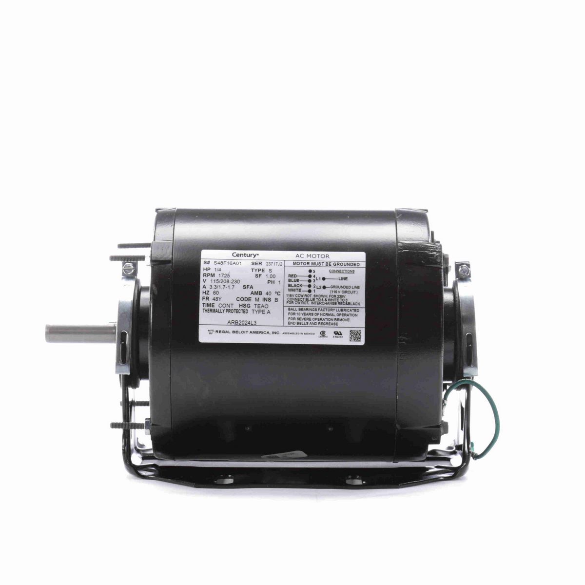 Century Fan and Blower Motor, 1/4 HP, 1 Ph, 60 Hz, 115/208-230 V, 1800 RPM, 48Y Frame, TEAO - ARB2024L3