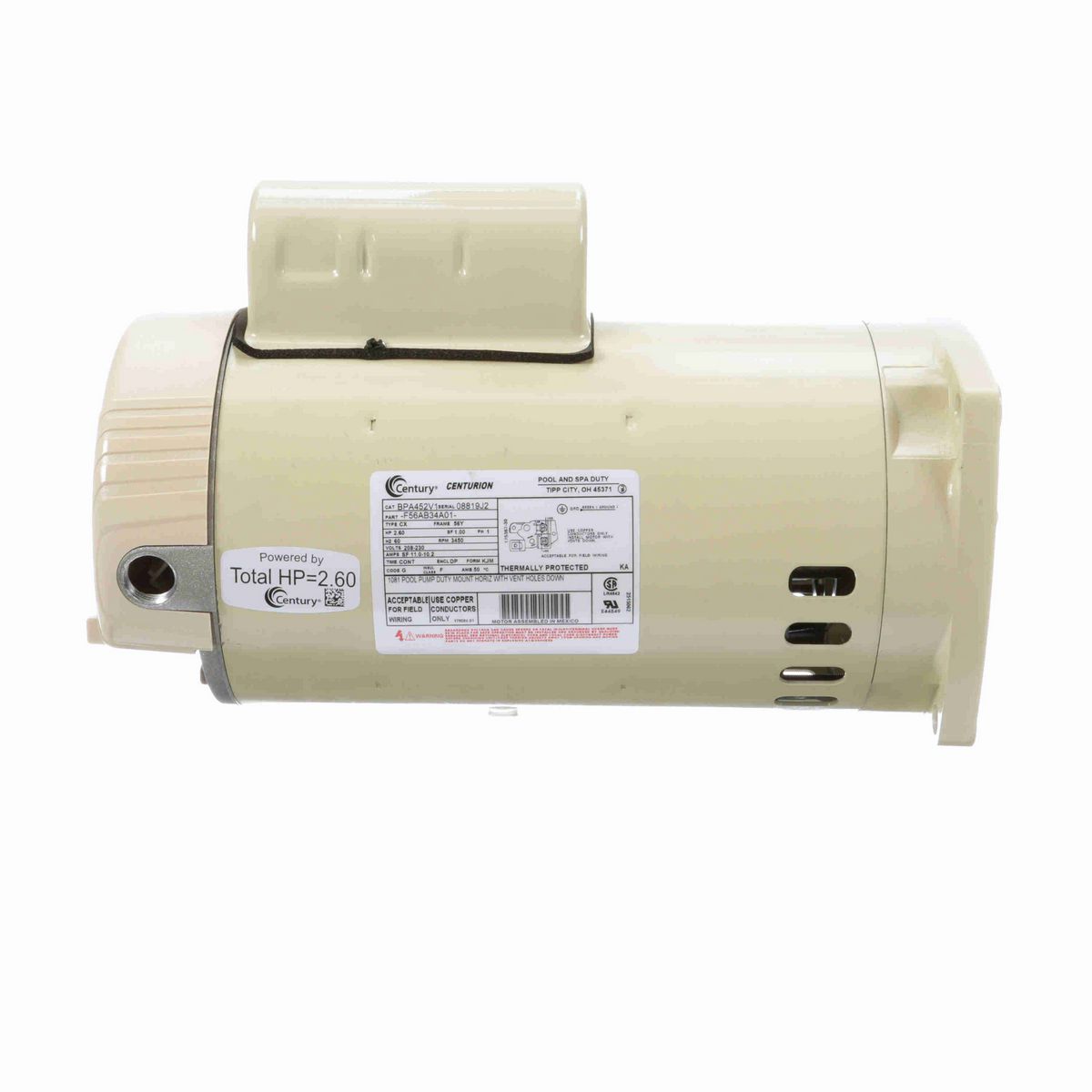 Century Pool Pump Motor, 2.60 HP, 1 Ph, 60 Hz, 208-230 V, 3600 RPM, 56Y Frame, DP - BPA452V1