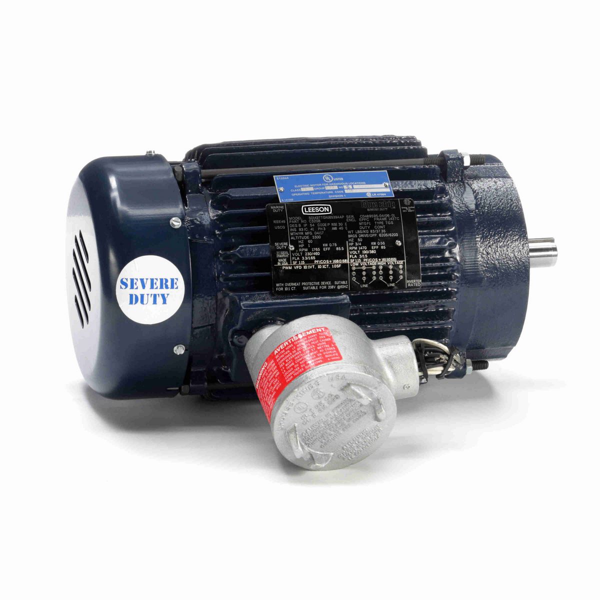 LEESON Explosion Proof Motor, 1 & 0.75 HP, 3 Ph, 60 & 50 Hz, 230/460 & 190/380 V, 1800 & 1500 RPM, 143TC Frame, EPFC - C320B