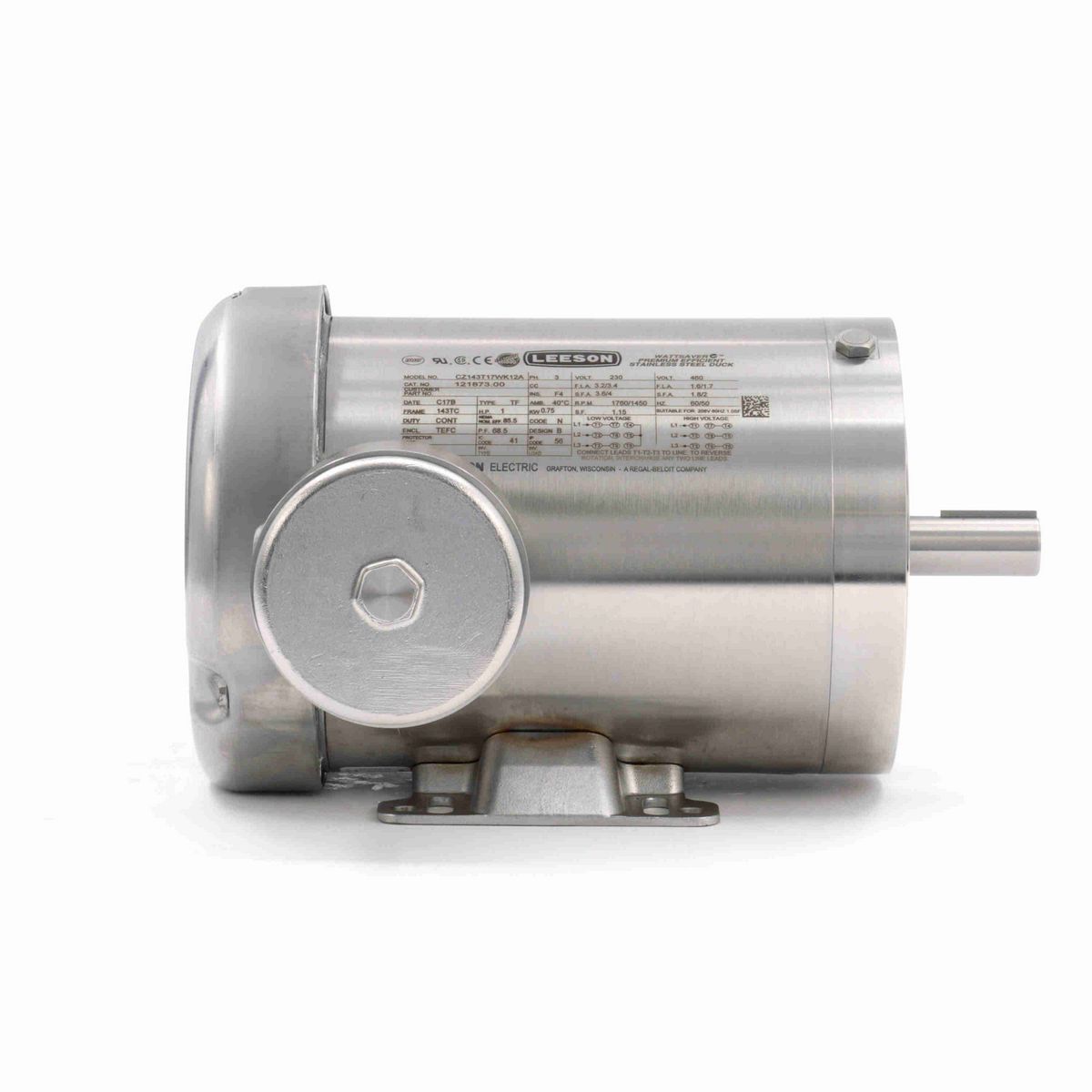 LEESON Premium Duck™ General Purpose Motor, 1 & 1 HP, 3 Ph, 60 & 50 Hz, 230/460 & 208-230/460 V, 1800 & 1500 RPM, 143TC Frame, TEFC - 121873.00