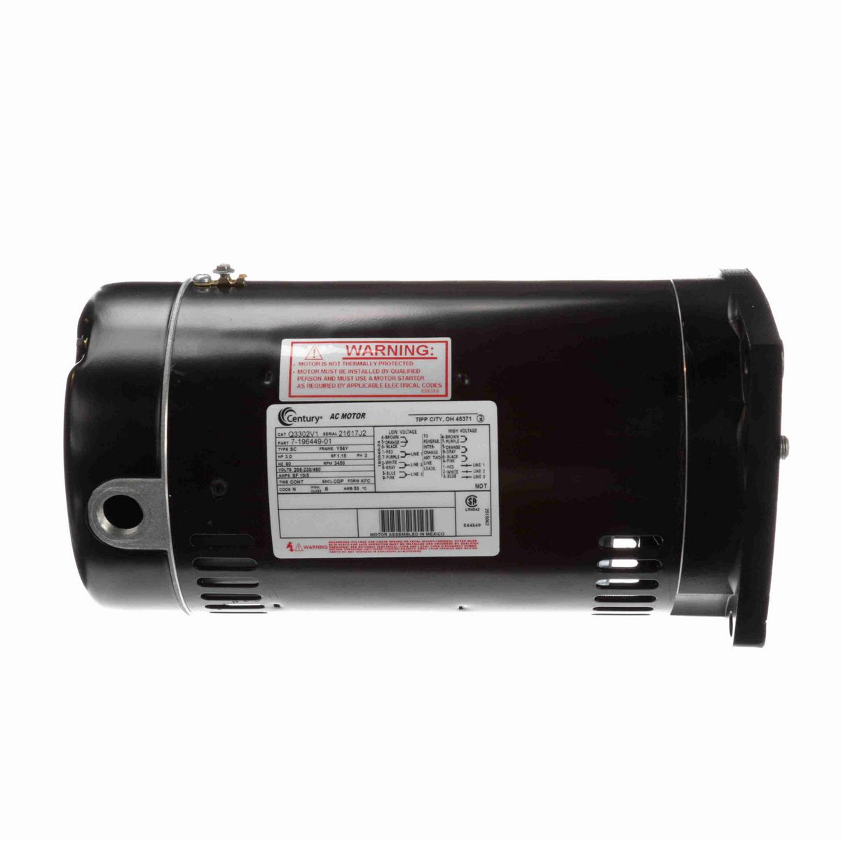 Century Pool Pump Motor, 3.0 HP, 3 Ph, 60 Hz, 208-230/460 V, 3600 RPM, Y56Y Frame, ODP - Q3302V1