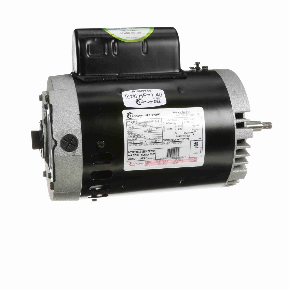 Century Pool Pump Motor, 1.0 HP, 1 Ph, 60 Hz, 208-230/115 V, 3600 RPM, X56J Frame, DP - B654