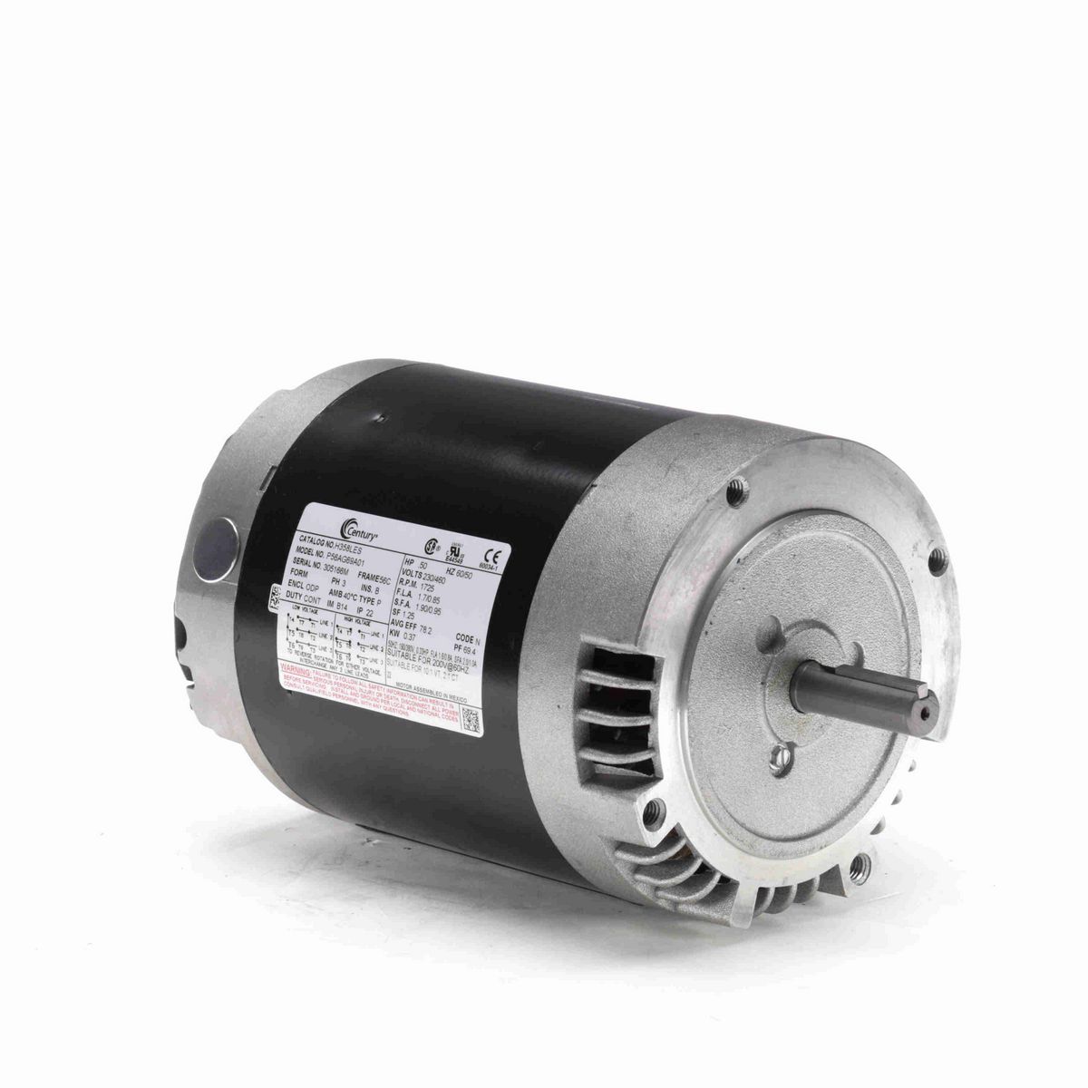 Century General Purpose Motor, .50 HP, 3 Ph, 60 Hz, 230/460 V, 1800 RPM, 56C Frame, ODP - H358LES