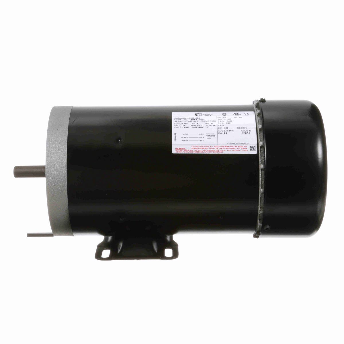 Century General Purpose Motor, 3.0 HP, 3 Ph, 60 Hz, 575 V, 3600 RPM, R56C Frame, TEFC - H949ES