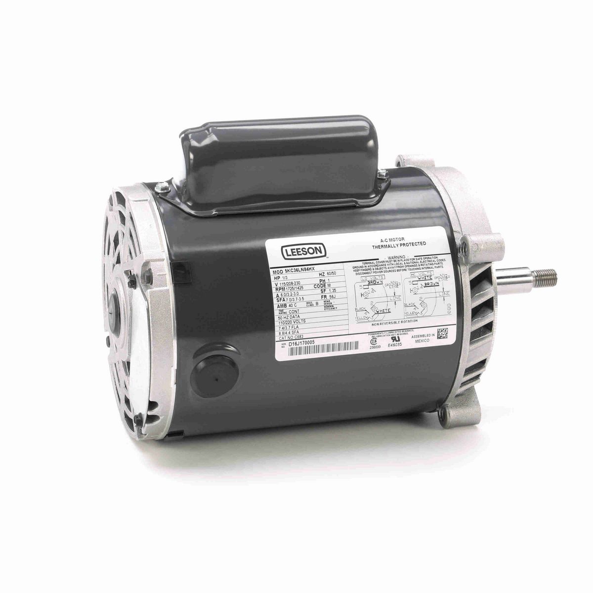 LEESON General Purpose Pump Motor, 0.33 HP, 1 Ph, 60 Hz, 115/208-230 V, 1800 RPM, 56J Frame, DP - C683