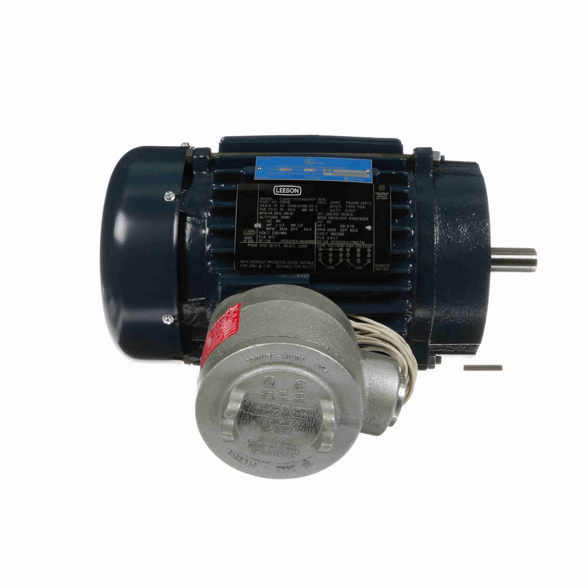 LEESON Explosion Proof Motor, 1.50 & 1 HP, 3 Ph, 60 & 50 Hz, 230/460 & 190/380 V, 3600 & 3000 RPM, 143TC Frame, EPFC - C301B