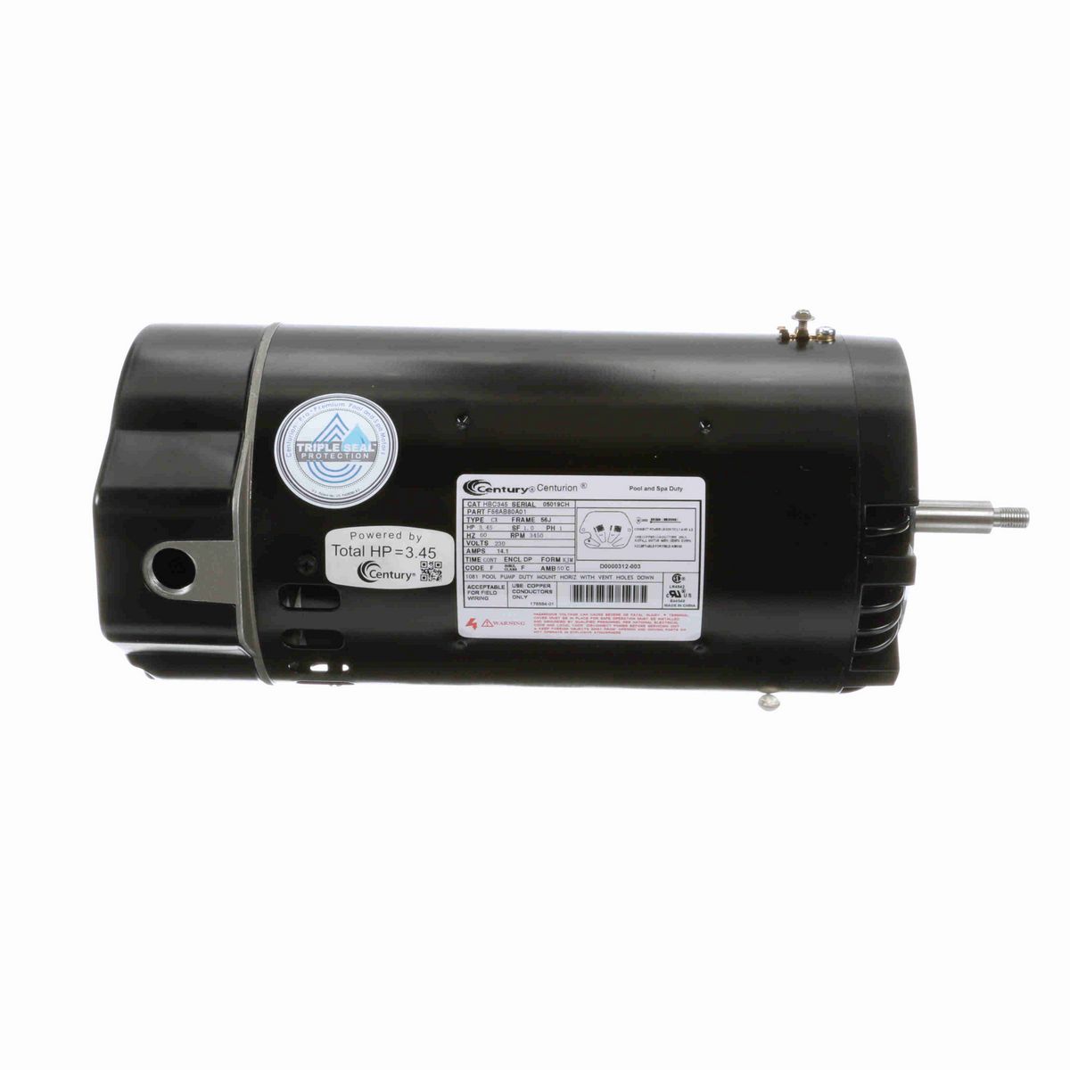 Century Pool Pump Motor, 3.45 HP, 1 Ph, 60 Hz, 230 V, 3600 RPM, 56J Frame, DP - HBC345