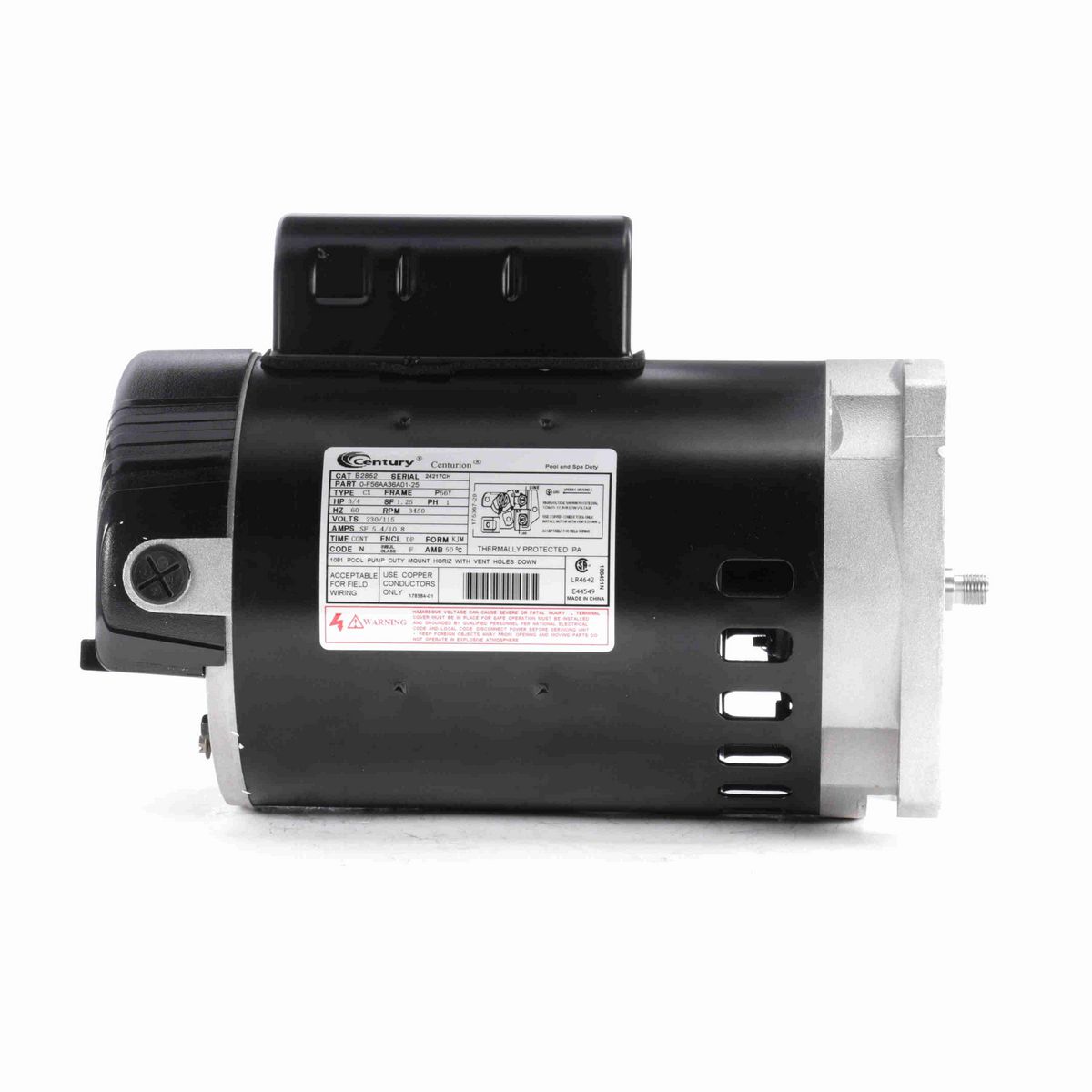 Century Pool Pump Motor, 3/4 HP, 1 Ph, 60 Hz, 230/115 V, 3600 RPM, P56Y Frame, DP - B2852