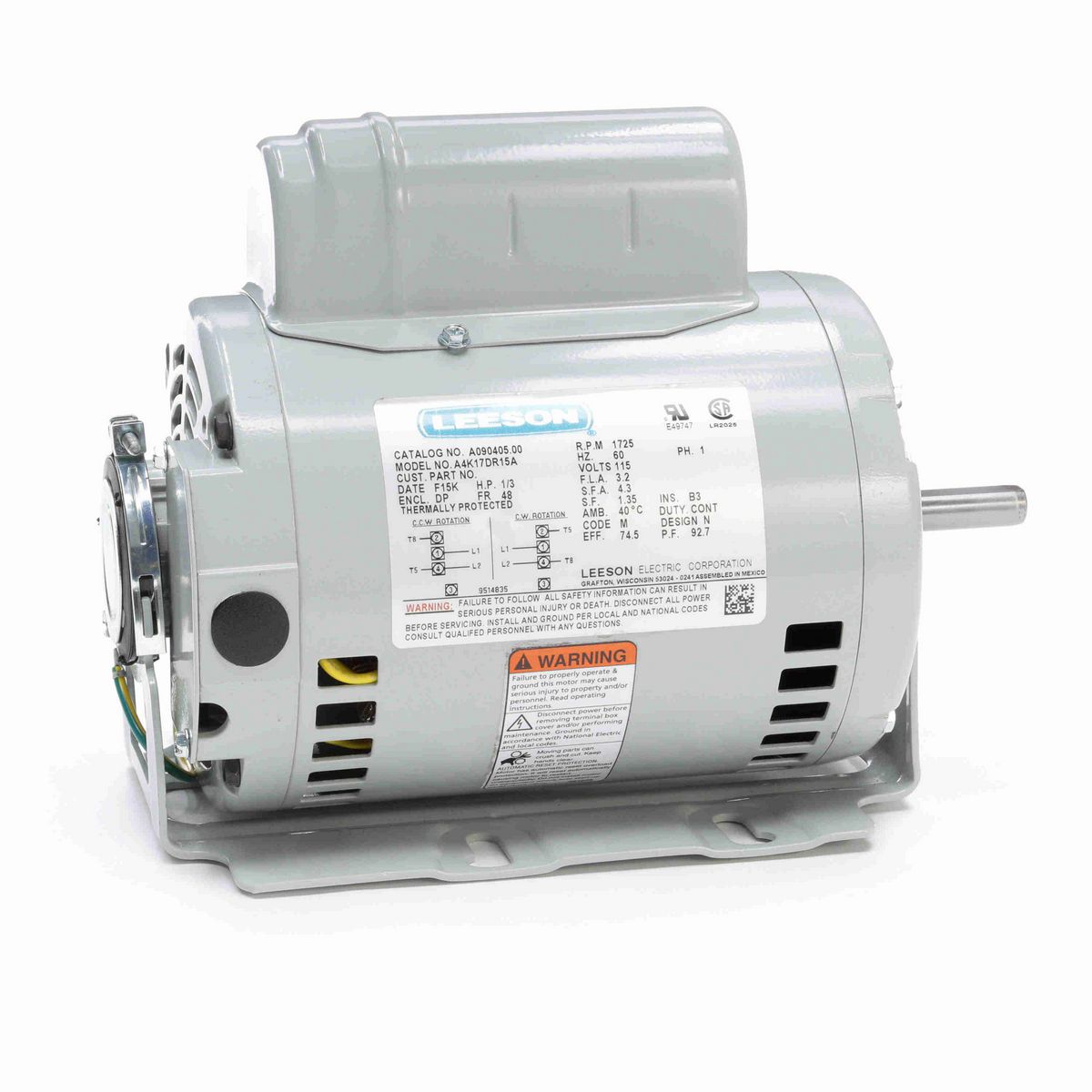 LEESON Fan and Blower Motor, 0.33 HP, 1 Ph, 60 Hz, 115 V, 1800 RPM, 48 Frame, DP - A090405.00