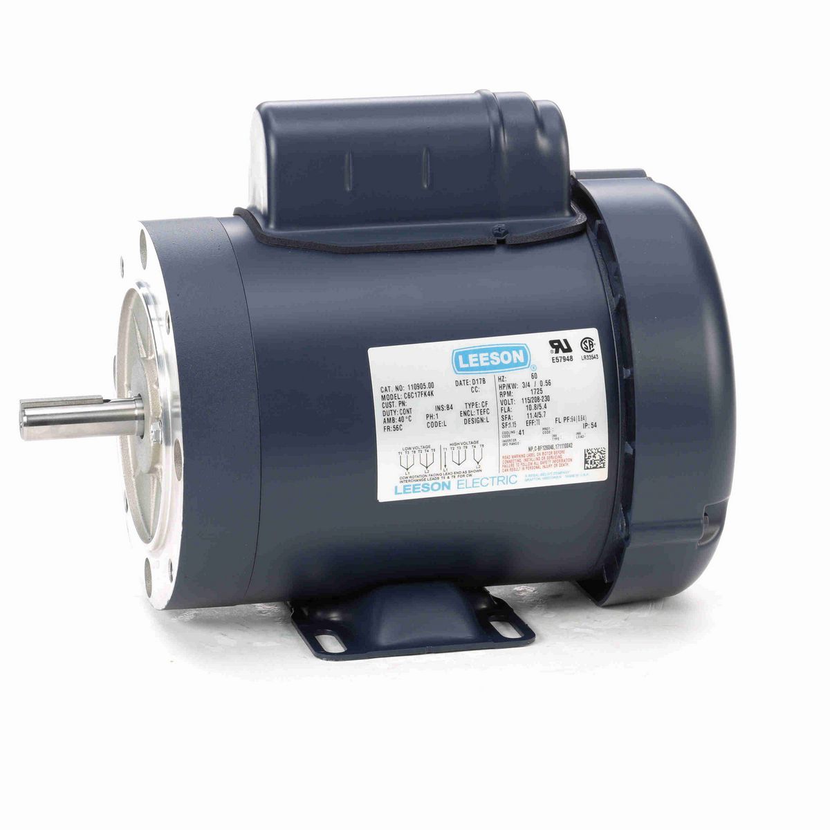 LEESON General Purpose Motor, 0.75 HP, 1 Ph, 60 Hz, 115/230 V, 1800 RPM, 56C Frame, TEFC - 110905.00