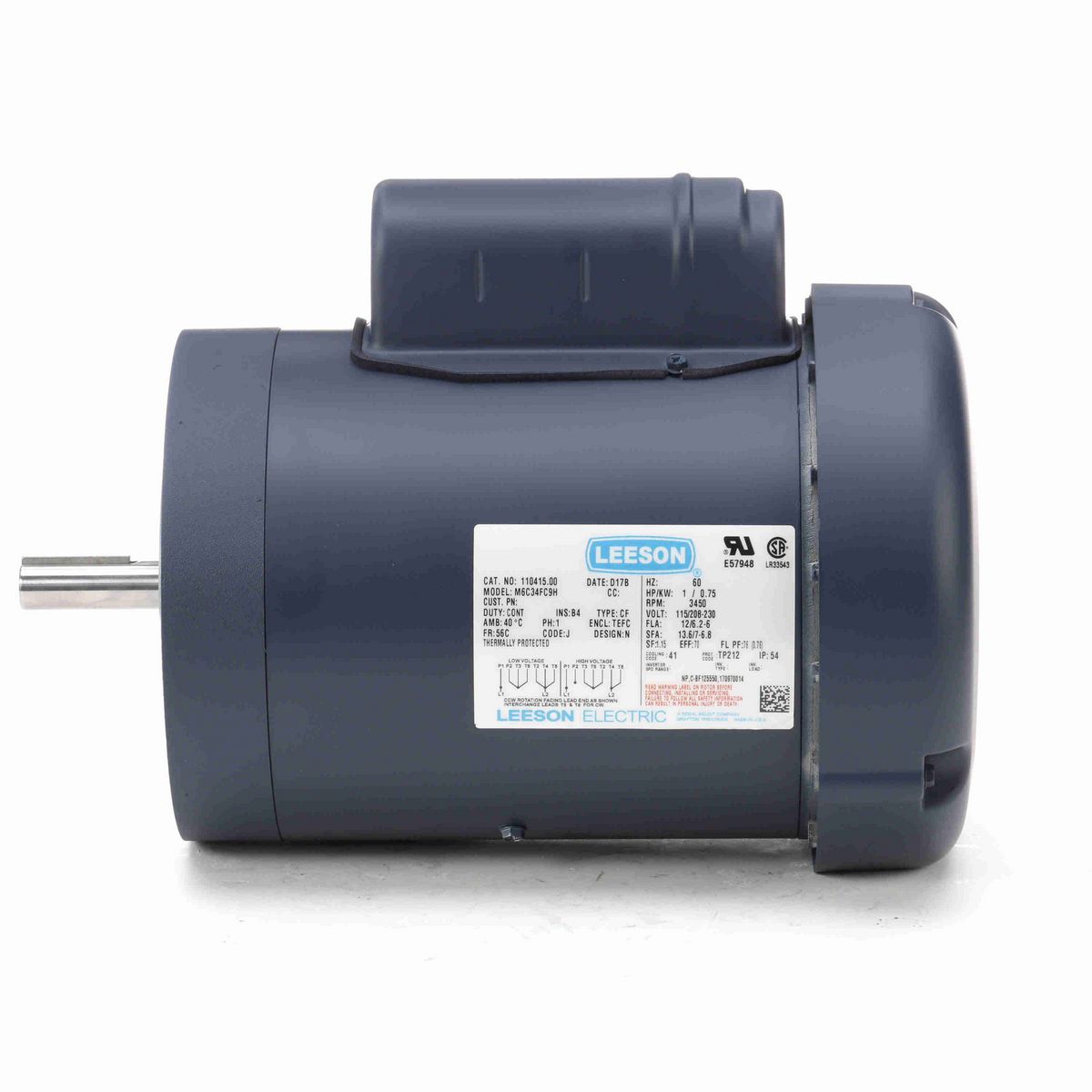 LEESON General Purpose Motor, 1 HP, 1 Ph, 60 Hz, 115/230 V, 3600 RPM, 56C Frame, TEFC - 110415.00