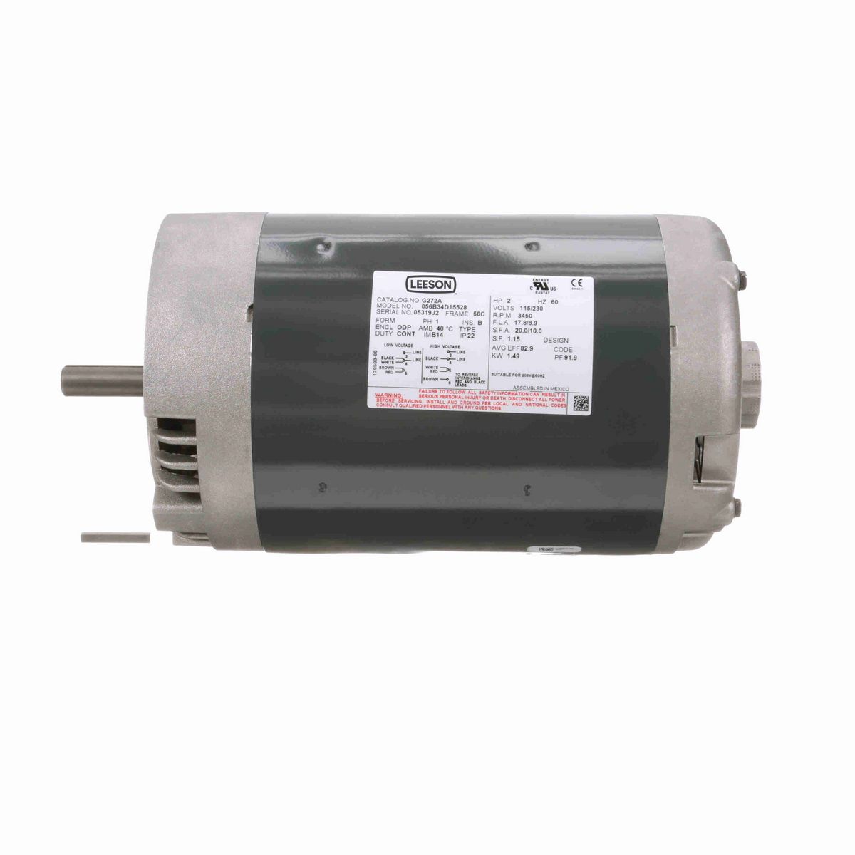 LEESON General Purpose Motor, 2 HP, 1 Ph, 60 Hz, 115/230 V, 3600 RPM, 56C Frame, DP - G272A
