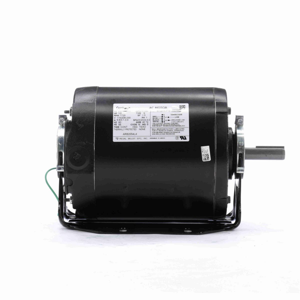 Century Fan and Blower Motor, 1/2 HP, 1 Ph, 60 Hz, 115/208-230 V, 1800 RPM, 56 Frame, TEAO - ARB2054L4