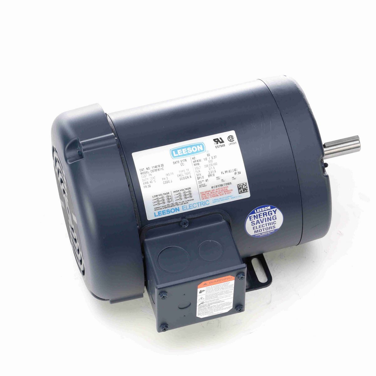 LEESON General Purpose Motor, 0.50 HP, 3 Ph, 60 Hz, 230/460 V, 900 RPM, 56 Frame, TEFC - 114618.00