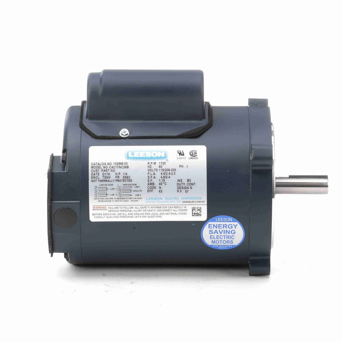 LEESON General Purpose Motor, 0.25 HP, 1 Ph, 60 Hz, 115/230 V, 1800 RPM, S56C Frame, TENV - 102868.00