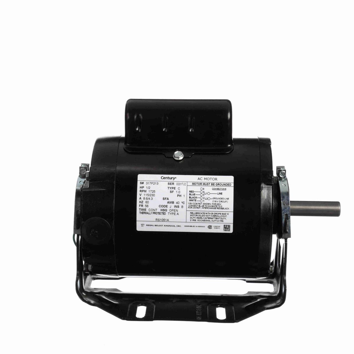 Century Fan and Blower Motor, 1/2 HP, 1 Ph, 60 Hz, 115/230 V, 1800 RPM, 56 Frame, OPEN - RS1051A